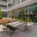 a building with a patio and tables