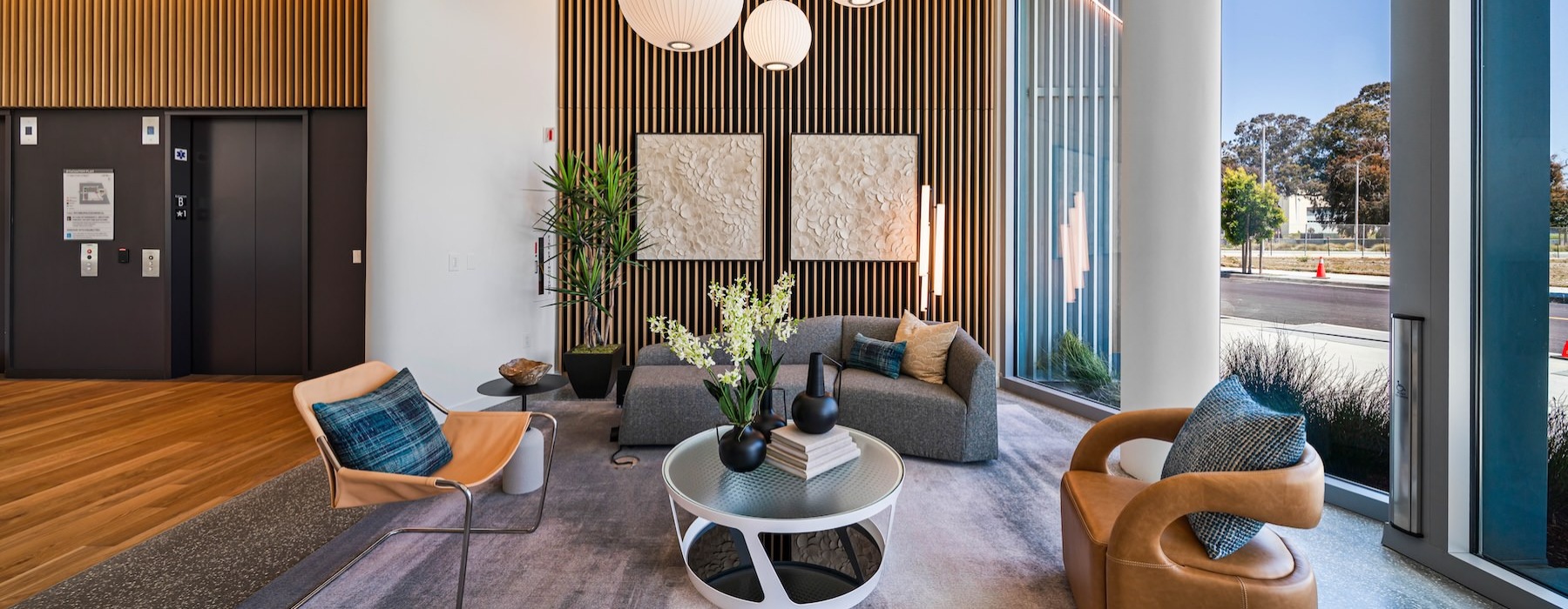 a living room with a large window