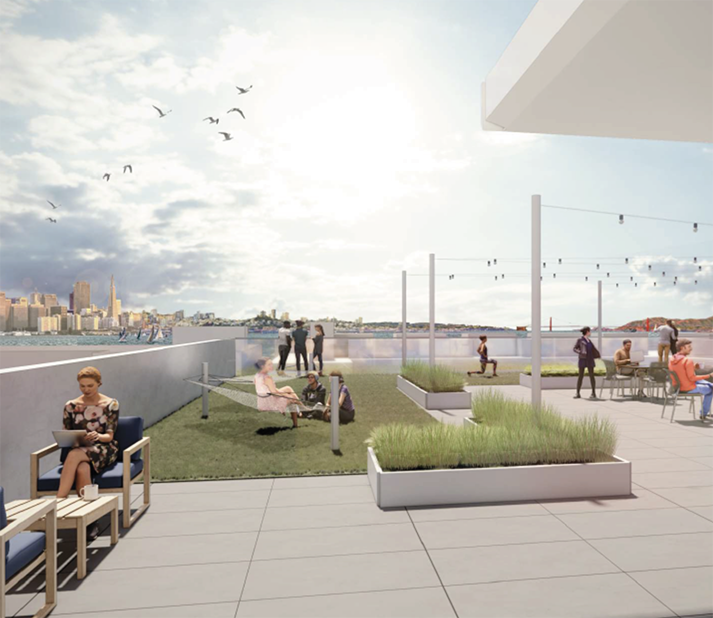 building rooftop terrace with san francisco city and water views